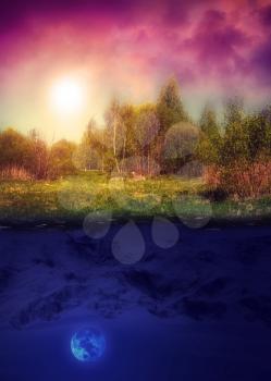 Abstract collage with sunset forest and night snowy mountains in reflection. Elements of this image furnished by NASA