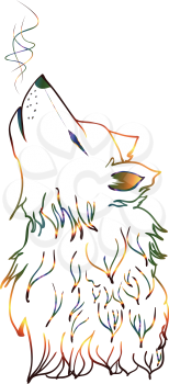 Abstract colorful wolf howling, cartoon sketch style.
