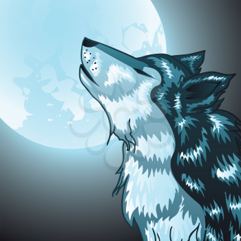 Stylized cartoon gray wolf head, howling wolf.