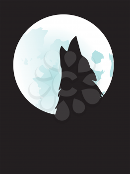 Silhouette of the wolf howling at the moon in the midnight.
