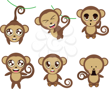 Set of cartoon funny monkeys in different expressions and poses.
