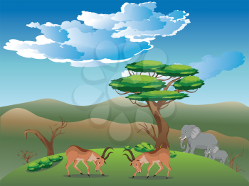 Cartoon sunny landscape with herd of antelopes.