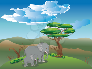 Cartoon green landscape with big grey elephant illustration.