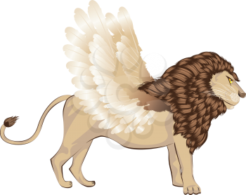 Fantastic animal lion with bird wings, chimera illustration.