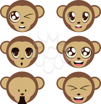 Illustration of a cute cartoon monkeys face in various emotions.