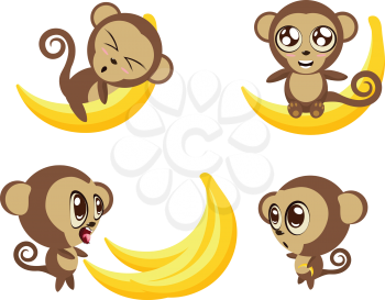 Set of cartoon funny monkeys with big banana in different expressions and poses.