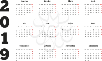 2019 year simple calendar on french language, isolated on white