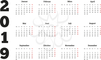 2019 year simple calendar on german language, isolated on white