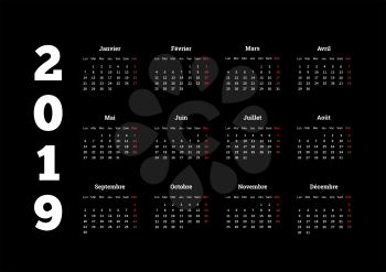 2019 year simple white calendar on french language on black background