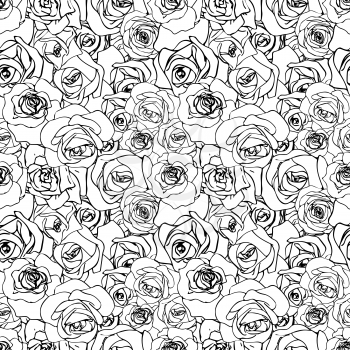 A lot of beautiful black outline rosebuds, seamless pattern