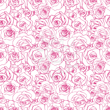 Beautiful pink outline rosebuds on white background, seamless pattern