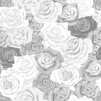Beautiful white and gray rosebuds, grayscale seamless pattern
