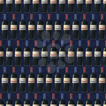 A lot of bottles of red and white wine on dark blue background, seamless pattern