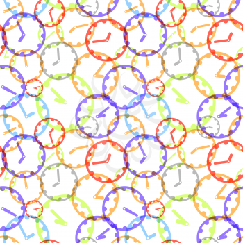 A lot of bright colorful clockface icons on white, seamless pattern