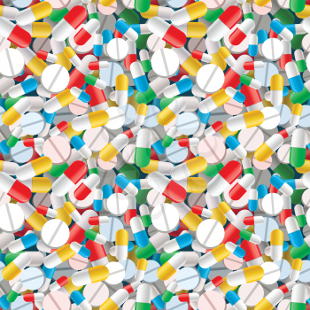 A lot of bright different pills and capsules, seamless pattern
