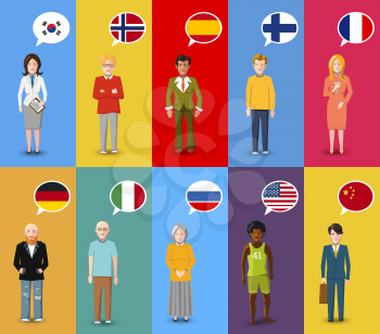 A lot of colourful characters with speech bubbles with different countries flags in flat design style