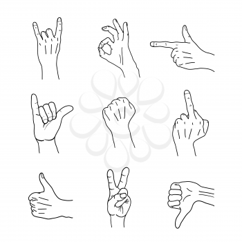 Set of black outline common cartoon hand gestures, signs isolated on white