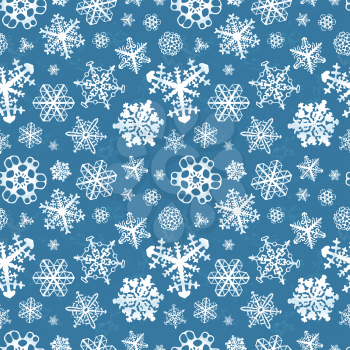 Different modern snowflakes on blue winter background seamless pattern