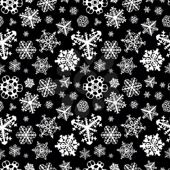 Different white modern snowflakes on black background seamless pattern