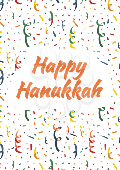 Happy Hanukkah card cover with exploding party popper, colorful serpentine and confetti on background