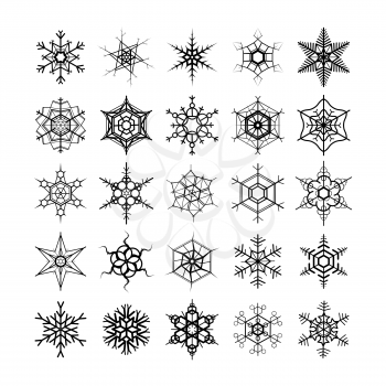 Large set of different modern snowflakes, black silhouettes isolated on white