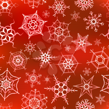 Many icy snowflakes on red background, christmas seamless pattern