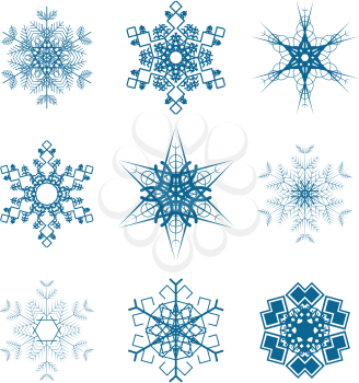 Set of nine snowflakes icons isolated on white