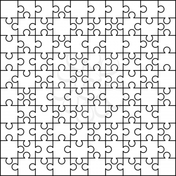 100 white puzzles pieces arranged in a square. Jigsaw Puzzle template ready for print. Cutting guidelines isolated on white