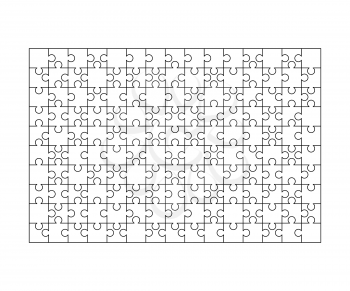 150 white puzzles pieces arranged in a rectangle shape. Jigsaw Puzzle template ready for print. Cutting guidelines isolated on white