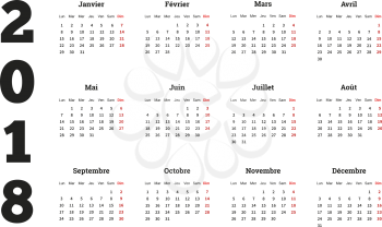 2018 year simple calendar on french language, isolated on white