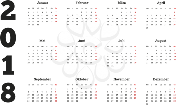 2018 year simple calendar on german language, isolated on white