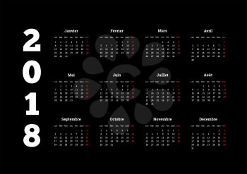 2018 year simple white calendar on french language on black background