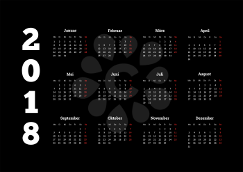 2018 year simple white calendar on german language on black background