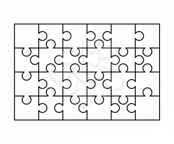 24 white puzzles pieces arranged in a rectangle shape. Jigsaw Puzzle template ready for print. Cutting guidelines isolated on white
