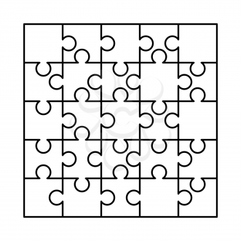 25 white puzzles pieces arranged in a square. Jigsaw Puzzle template ready for print. Cutting guidelines isolated on white