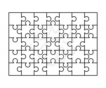 35 white puzzles pieces arranged in a rectangle shape. Jigsaw Puzzle template ready for print. Cutting guidelines isolated on white