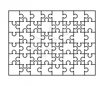 48 white puzzles pieces arranged in a rectangle shape. Jigsaw Puzzle template ready for print. Cutting guidelines isolated on white.jpg