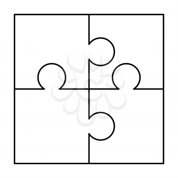 4 white puzzles pieces arranged in a square. Jigsaw Puzzle template ready for print. Cutting guidelines isolated on white