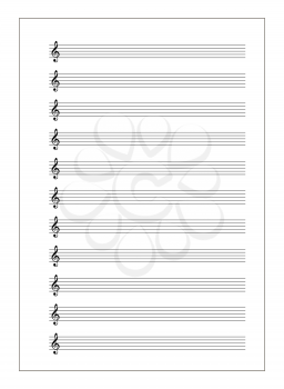 A4 music sheet with note stave with treble clef isolated on white