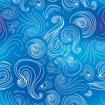 Abstract background with white swirls in blue, sea seamless pattern