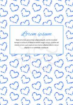 Abstract card background with many little blue hearts and text template, a4 size vertical illustration