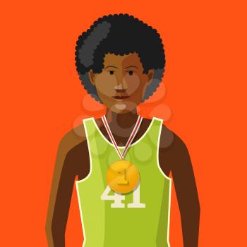 African athlete with golden medal for first place on red background, flat illustration