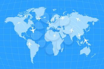 Airline routes on worldwide map, blue and white infographic illustration