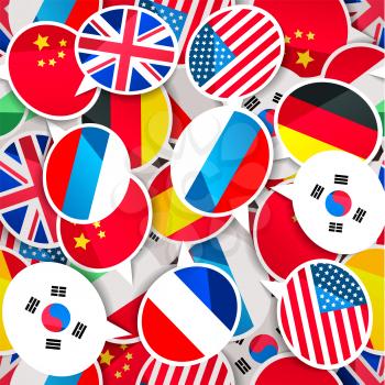 A lot of colorful speech bubbles with flags, different language seamless pattern