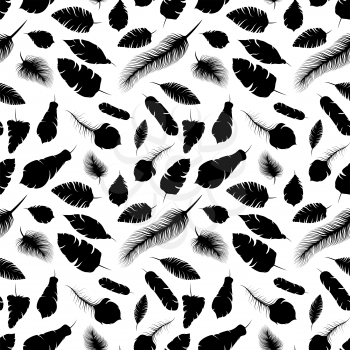 A lot of different elegant feather silhouettes, seamless pattern on white