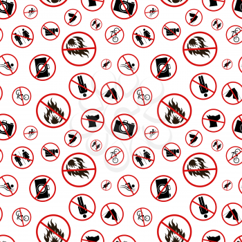 A lot of different forbidden signs on white, seamless pattern