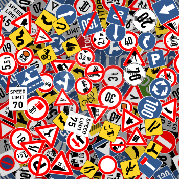 A lot of different road signs seamless pattern