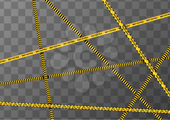 A lot of different yellow and black caution tapes on transparent a4 background