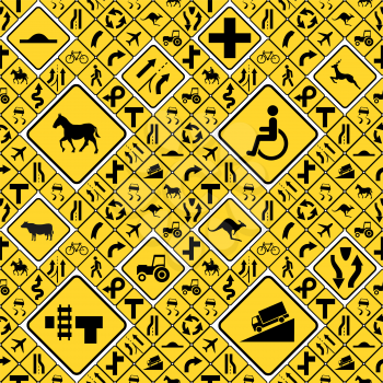 A lot of different yellow road signs seamless pattern