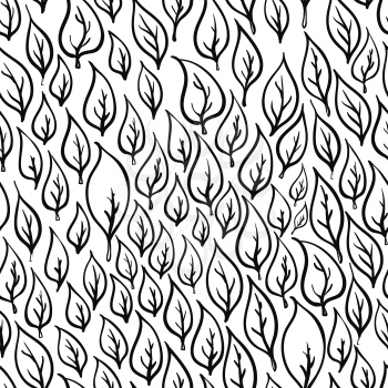 A lot of hand drawn black leaves on white, seamless pattern